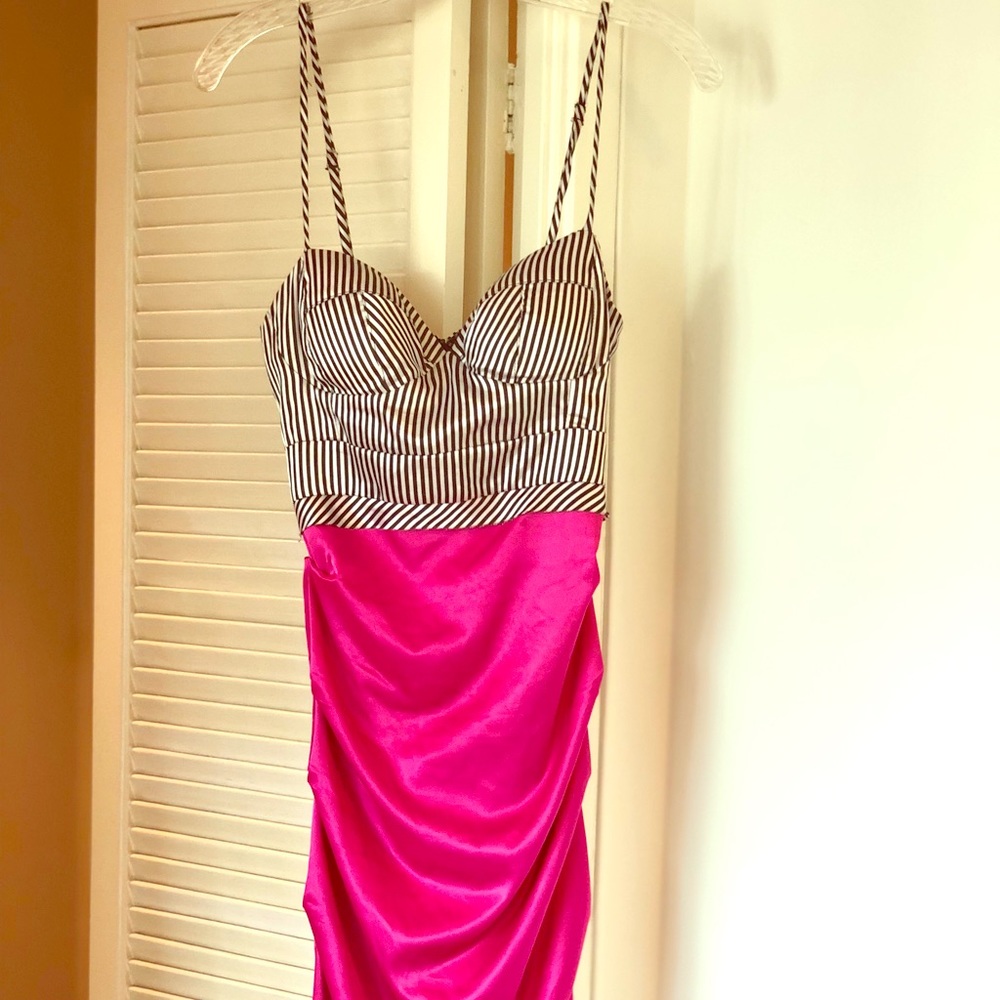 Black & white striped pink knee length dress